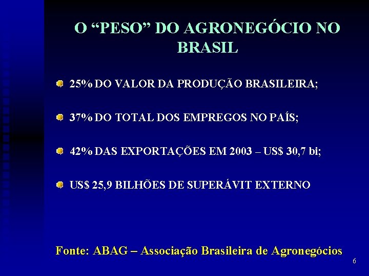 O “PESO” DO AGRONEGÓCIO NO BRASIL 25% DO VALOR DA PRODUÇÃO BRASILEIRA; 37% DO