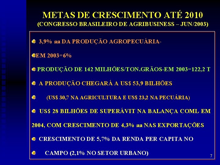 METAS DE CRESCIMENTO ATÉ 2010 (CONGRESSO BRASILEIRO DE AGRIBUSINESS – JUN/2003) 3, 9% aa