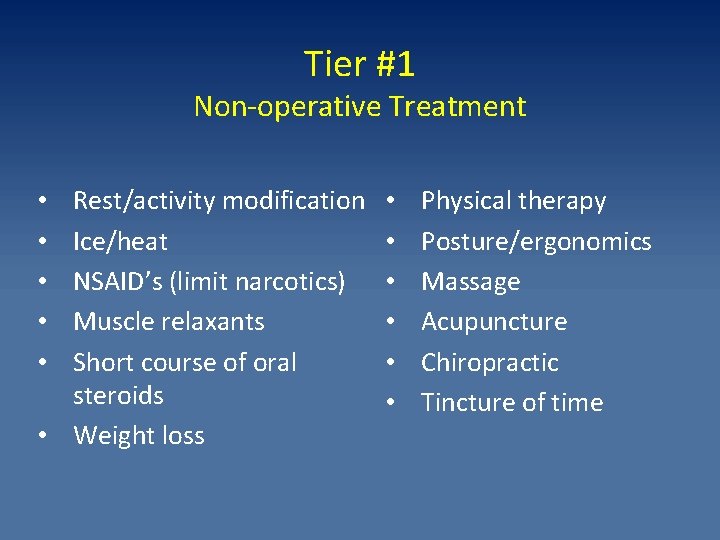 Tier #1 Non-operative Treatment Rest/activity modification Ice/heat NSAID’s (limit narcotics) Muscle relaxants Short course