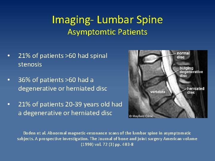 Imaging- Lumbar Spine Asymptomtic Patients • 21% of patients >60 had spinal stenosis •