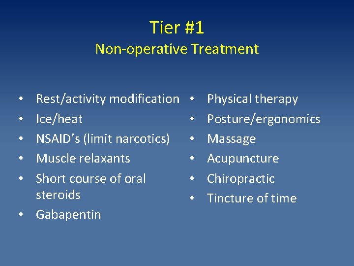 Tier #1 Non-operative Treatment Rest/activity modification Ice/heat NSAID’s (limit narcotics) Muscle relaxants Short course