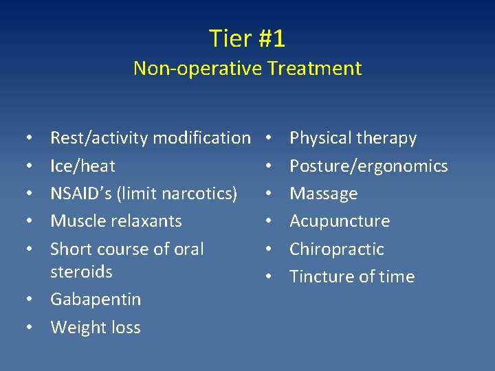 Tier #1 Non-operative Treatment Rest/activity modification Ice/heat NSAID’s (limit narcotics) Muscle relaxants Short course