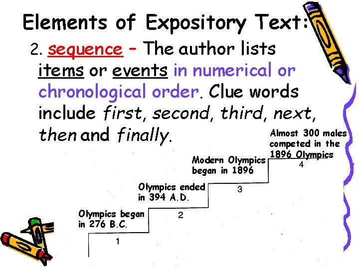 Elements of Expository Text: 2. sequence – The author lists items or events in Elements of Expository Text: 2. sequence – The author lists items or events in