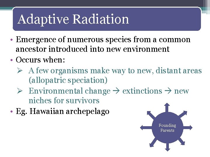 Adaptive Radiation • Emergence of numerous species from a common ancestor introduced into new