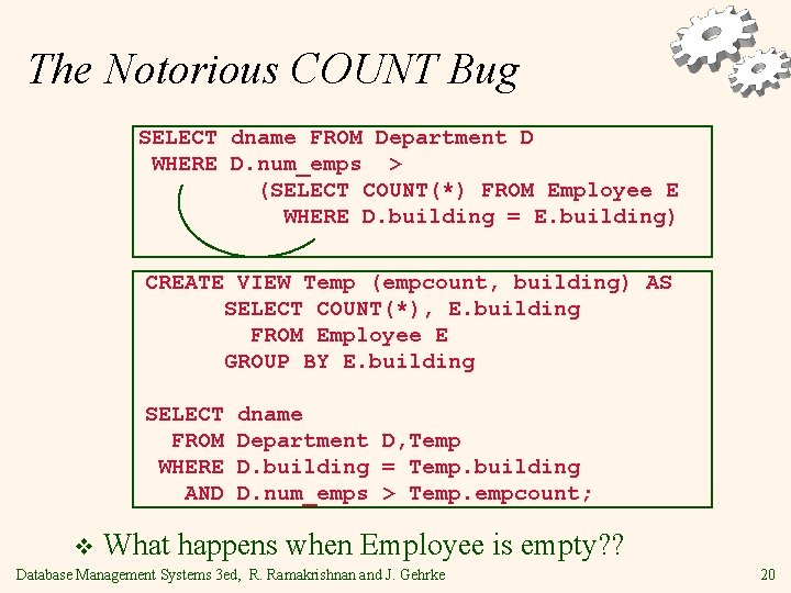 The Notorious COUNT Bug SELECT dname FROM Department D WHERE D. num_emps > (SELECT