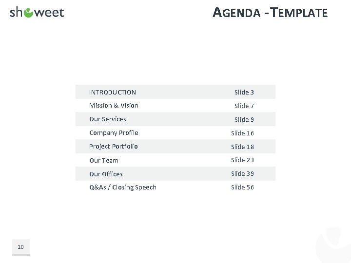 AGENDA - TEMPLATE 10 INTRODUCTION Slide 3 Mission & Vision Slide 7 Our Services