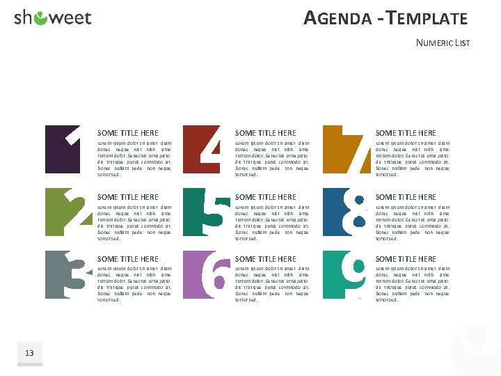 AGENDA - TEMPLATE NUMERIC LIST 13 SOME TITLE HERE SOME TITLE HERE Lorem ipsum