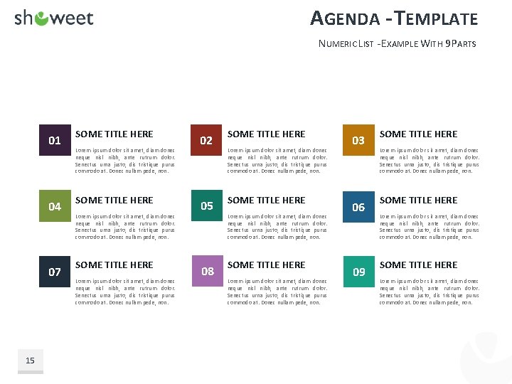 AGENDA - TEMPLATE NUMERIC LIST - EXAMPLE WITH 9 PARTS 01 SOME TITLE HERE