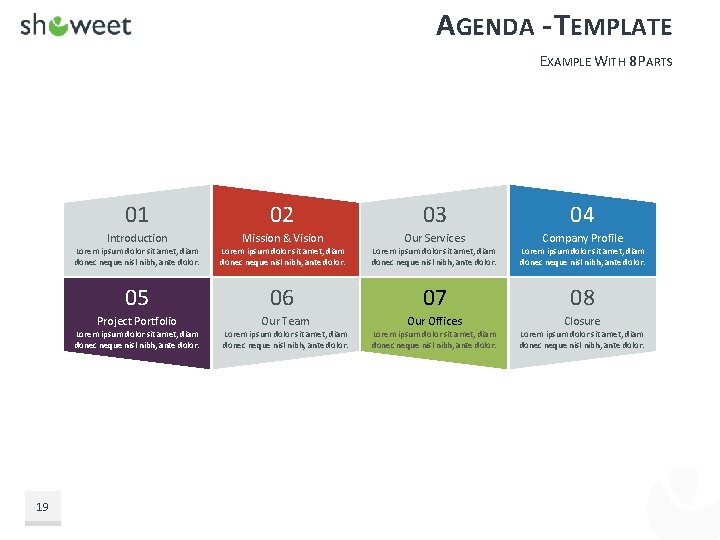 AGENDA - TEMPLATE EXAMPLE WITH 8 PARTS 01 19 02 03 04 Introduction Mission