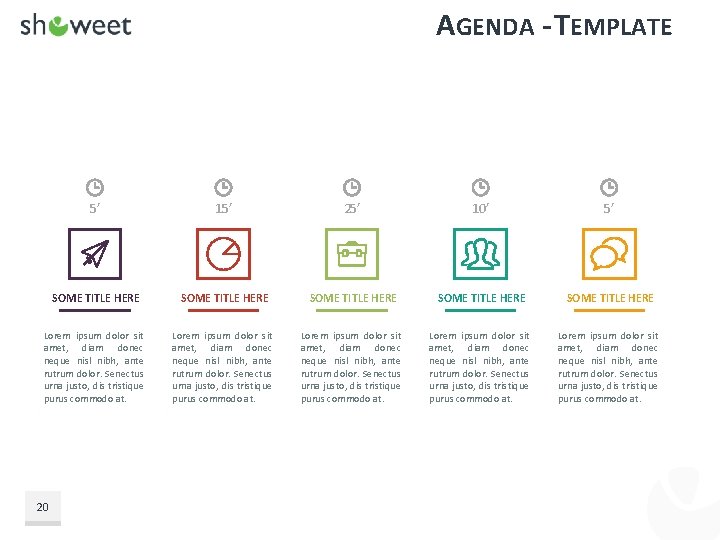 AGENDA - TEMPLATE 5’ 15’ 25’ 10’ 5’ SOME TITLE HERE SOME TITLE HERE