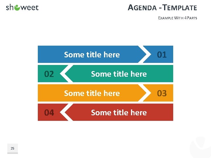AGENDA - TEMPLATE EXAMPLE WITH 4 PARTS Some title here 02 Some title here