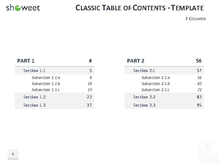CLASSIC TABLE OF CONTENTS - TEMPLATE 2 COLUMNS PART 1 Section 1. 1 Subsection