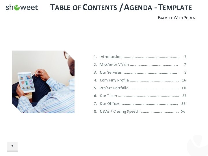TABLE OF CONTENTS / AGENDA - TEMPLATE EXAMPLE WITH PHOTO 1. Introduction. . .