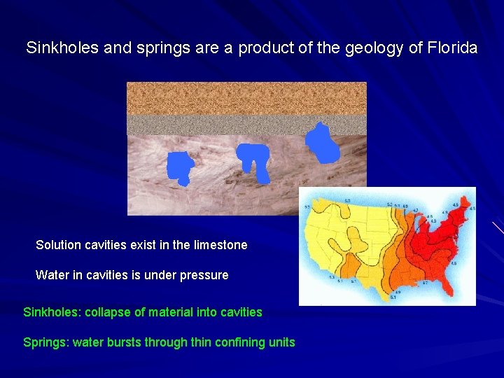 Sinkholes and springs are a product of the geology of Florida Solution cavities exist