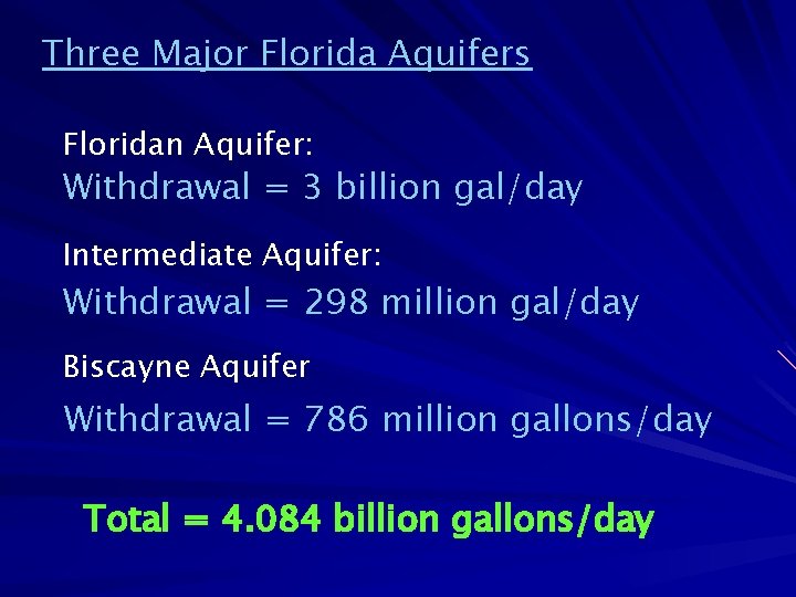 Three Major Florida Aquifers Floridan Aquifer: Withdrawal = 3 billion gal/day Intermediate Aquifer: Withdrawal