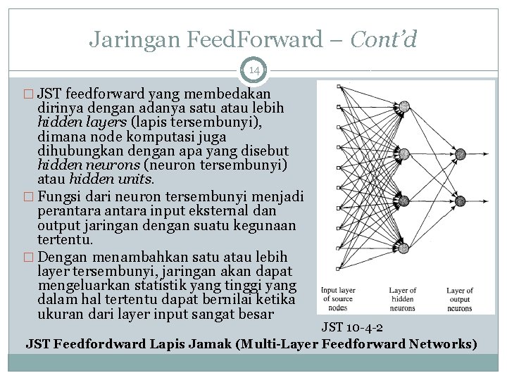 Jaringan Feed. Forward – Cont’d 14 � JST feedforward yang membedakan dirinya dengan adanya