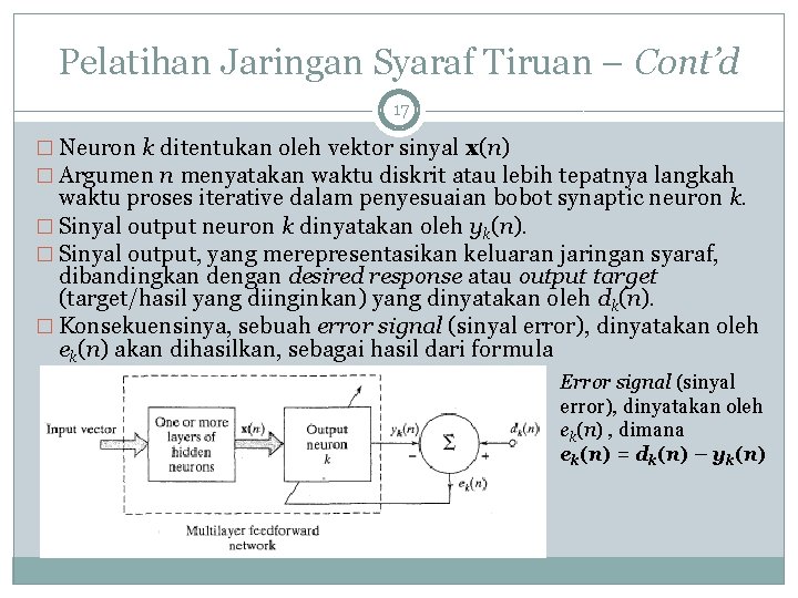 Pelatihan Jaringan Syaraf Tiruan – Cont’d 17 � Neuron k ditentukan oleh vektor sinyal