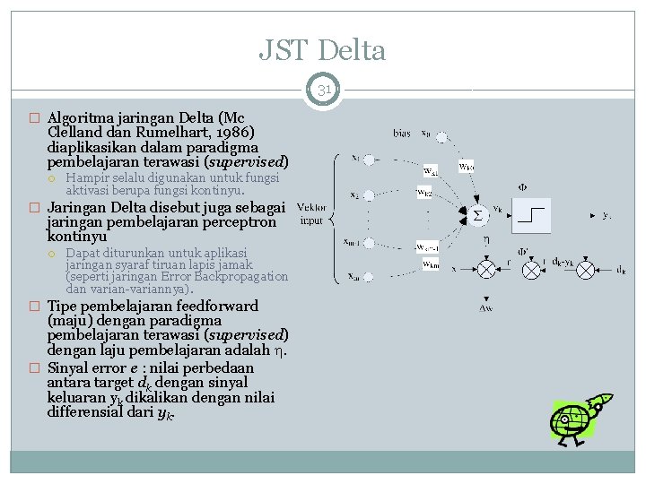 JST Delta 31 � Algoritma jaringan Delta (Mc Clelland dan Rumelhart, 1986) diaplikasikan dalam
