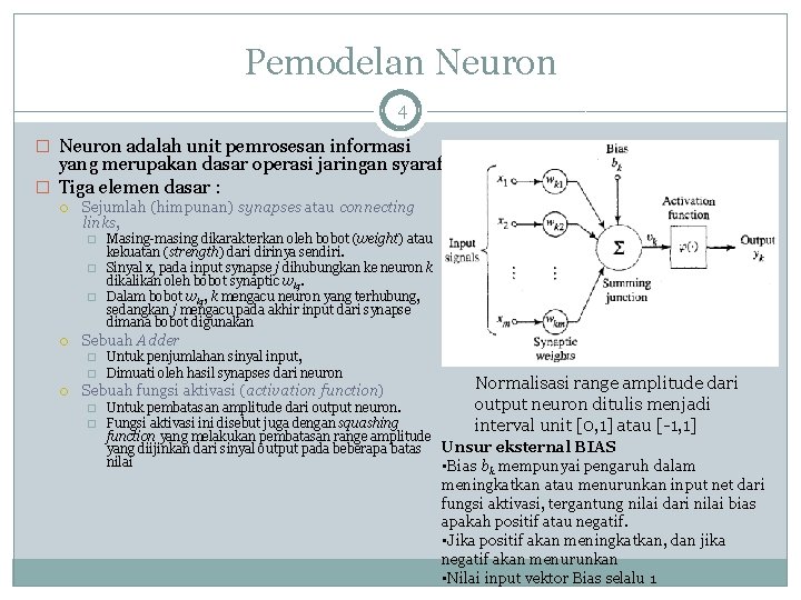 Pemodelan Neuron 4 � Neuron adalah unit pemrosesan informasi yang merupakan dasar operasi jaringan