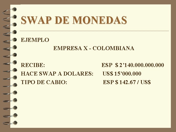SWAP DE MONEDAS EJEMPLO EMPRESA X - COLOMBIANA RECIBE: HACE SWAP A DOLARES: TIPO