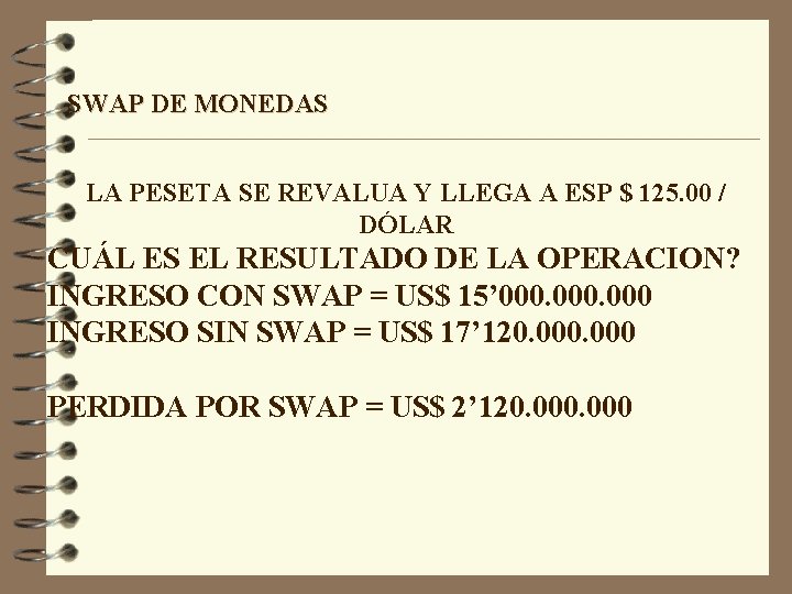 SWAP DE MONEDAS LA PESETA SE REVALUA Y LLEGA A ESP $ 125. 00