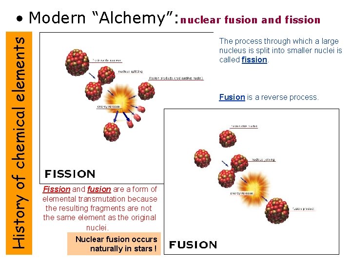 History of chemical elements • Modern “Alchemy”: nuclear fusion and fission The process through