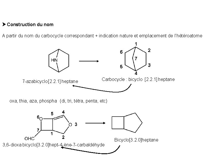  Construction du nom A partir du nom du carbocycle correspondant + indication nature