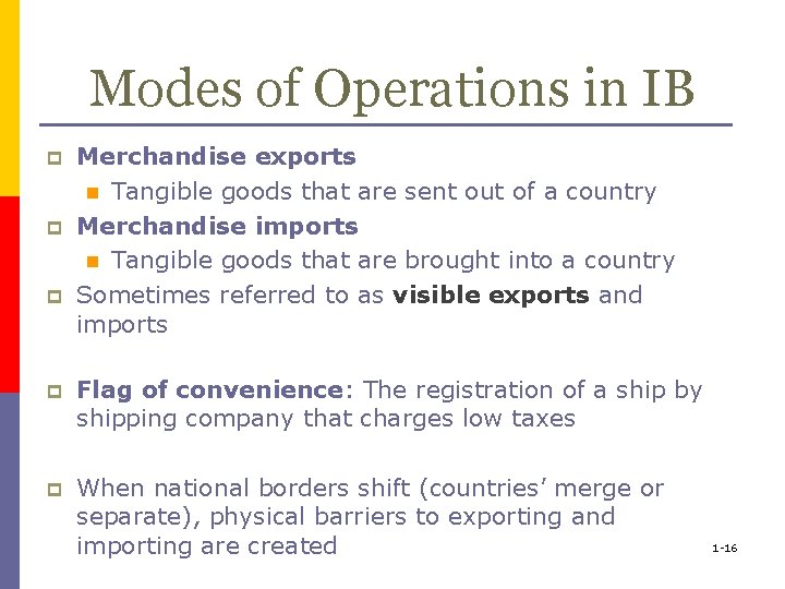 Modes of Operations in IB p p p Merchandise exports n Tangible goods that