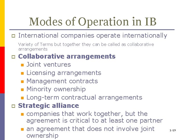 Modes of Operation in IB p International companies operate internationally Variety of Terms but