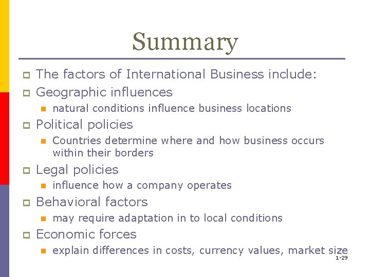 Summary p p The factors of International Business include: Geographic influences n p Political