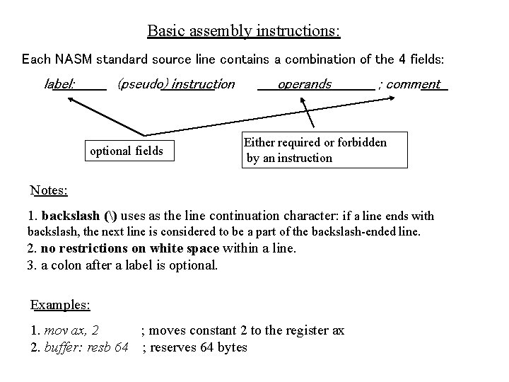Basic assembly instructions: Each NASM standard source line contains a combination of the 4 Basic assembly instructions: Each NASM standard source line contains a combination of the 4