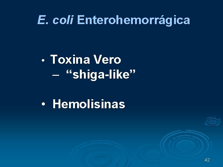 E. coli Enterohemorrágica • Toxina Vero – “shiga-like” • Hemolisinas 42 