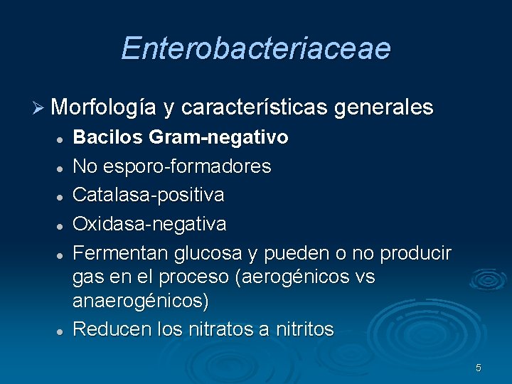 Enterobacteriaceae Morfología y características generales Bacilos Gram-negativo No esporo-formadores Catalasa-positiva Oxidasa-negativa Fermentan glucosa y