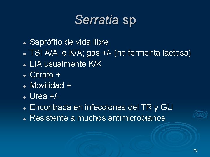 Serratia sp Saprófito de vida libre TSI A/A o K/A; gas +/- (no fermenta