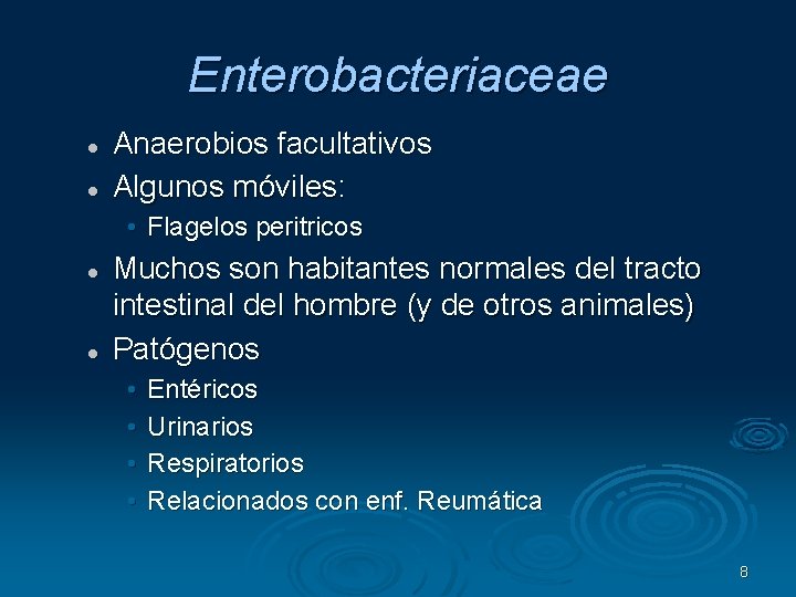 Enterobacteriaceae Anaerobios facultativos Algunos móviles: • Flagelos peritricos Muchos son habitantes normales del tracto