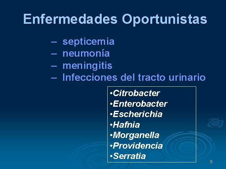 Enfermedades Oportunistas – – septicemia neumonía meningitis Infecciones del tracto urinario • Citrobacter •