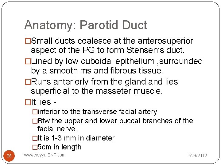 Anatomy: Parotid Duct �Small ducts coalesce at the anterosuperior aspect of the PG to