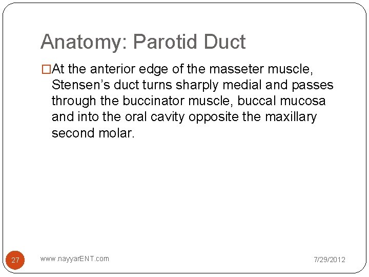 Anatomy: Parotid Duct �At the anterior edge of the masseter muscle, Stensen’s duct turns