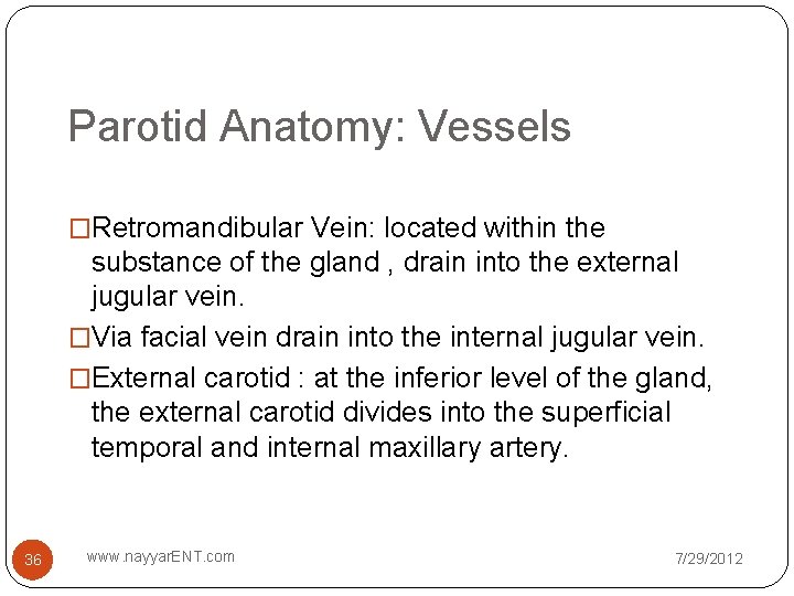 Parotid Anatomy: Vessels �Retromandibular Vein: located within the substance of the gland , drain