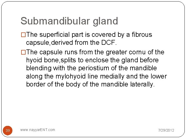 Submandibular gland �The superficial part is covered by a fibrous capsule, derived from the