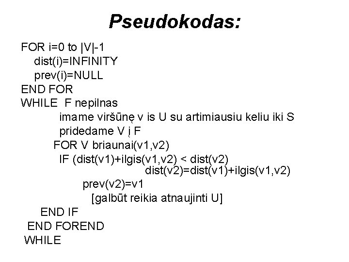 Pseudokodas: FOR i=0 to |V|-1 dist(i)=INFINITY prev(i)=NULL END FOR WHILE F nepilnas imame viršūnę