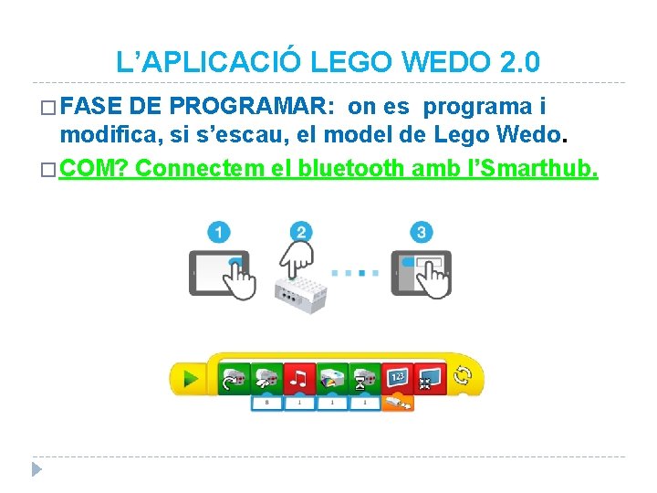 L’APLICACIÓ LEGO WEDO 2. 0 � FASE DE PROGRAMAR: on es programa i modifica,