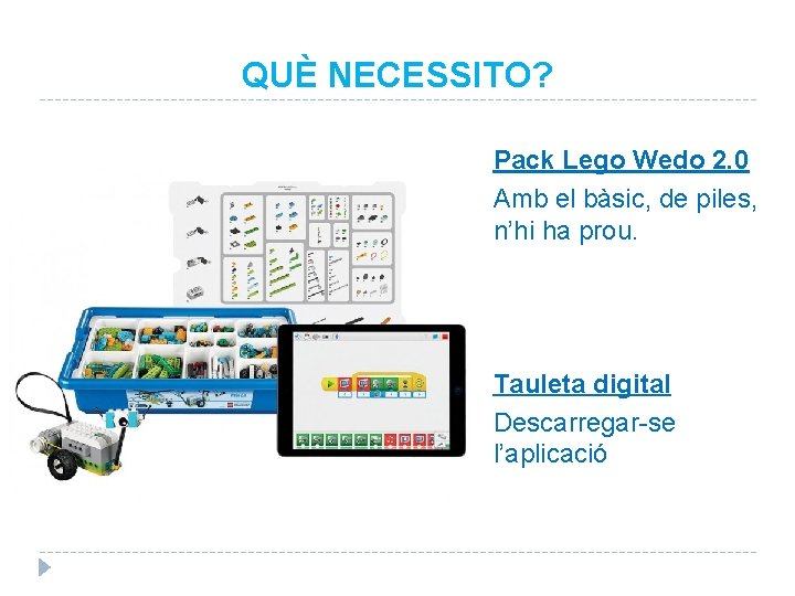 QUÈ NECESSITO? Pack Lego Wedo 2. 0 Amb el bàsic, de piles, n’hi ha