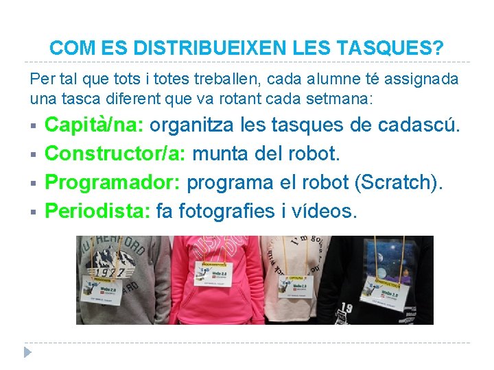 COM ES DISTRIBUEIXEN LES TASQUES? Per tal que tots i totes treballen, cada alumne