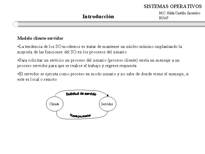 SISTEMAS OPERATIVOS Introducción M. C. Hilda Castillo Zacatelco BUAP Modelo cliente-servidor • La tendencia