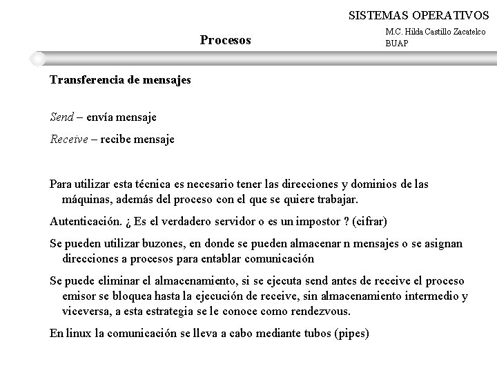 SISTEMAS OPERATIVOS Procesos M. C. Hilda Castillo Zacatelco BUAP Transferencia de mensajes Send –