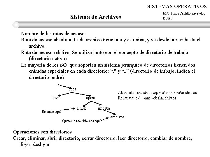 SISTEMAS OPERATIVOS Sistema de Archivos M. C. Hilda Castillo Zacatelco BUAP Nombre de las