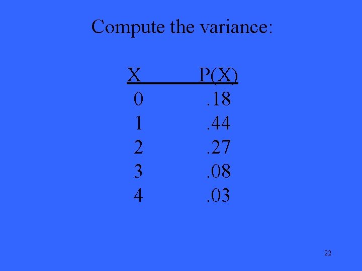 Compute the variance: X 0 1 2 3 4 P(X). 18. 44. 27. 08.