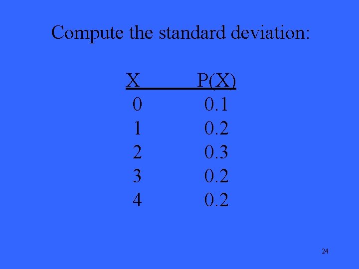 Compute the standard deviation: X 0 1 2 3 4 P(X) 0. 1 0.