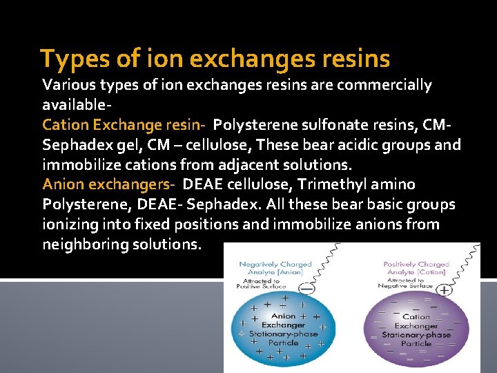 Types of ion exchanges resins Various types of ion exchanges resins are commercially available.